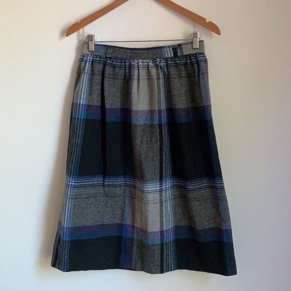 Vintage 1970s/80s blue grey plaid tartan midi skirt kilt-union - Picture 2 of 6
